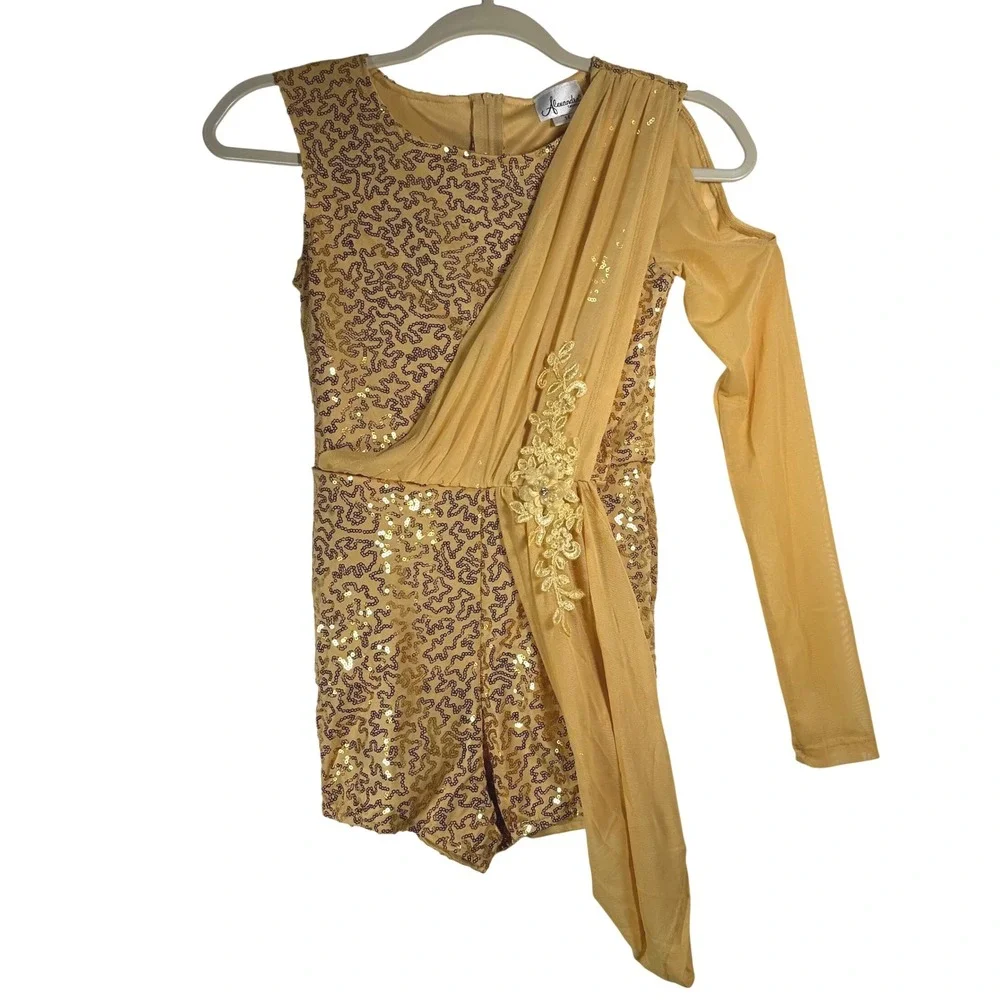 Alexandra Collection Gold Sequin Dance Romper One Sleeve Costume‎ Girls 14